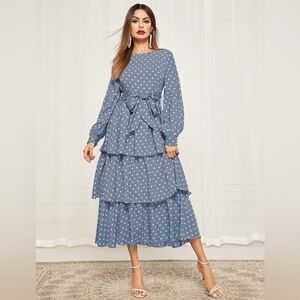SHEIN Blue and White Polka Dot Ruffled Tiered Dress